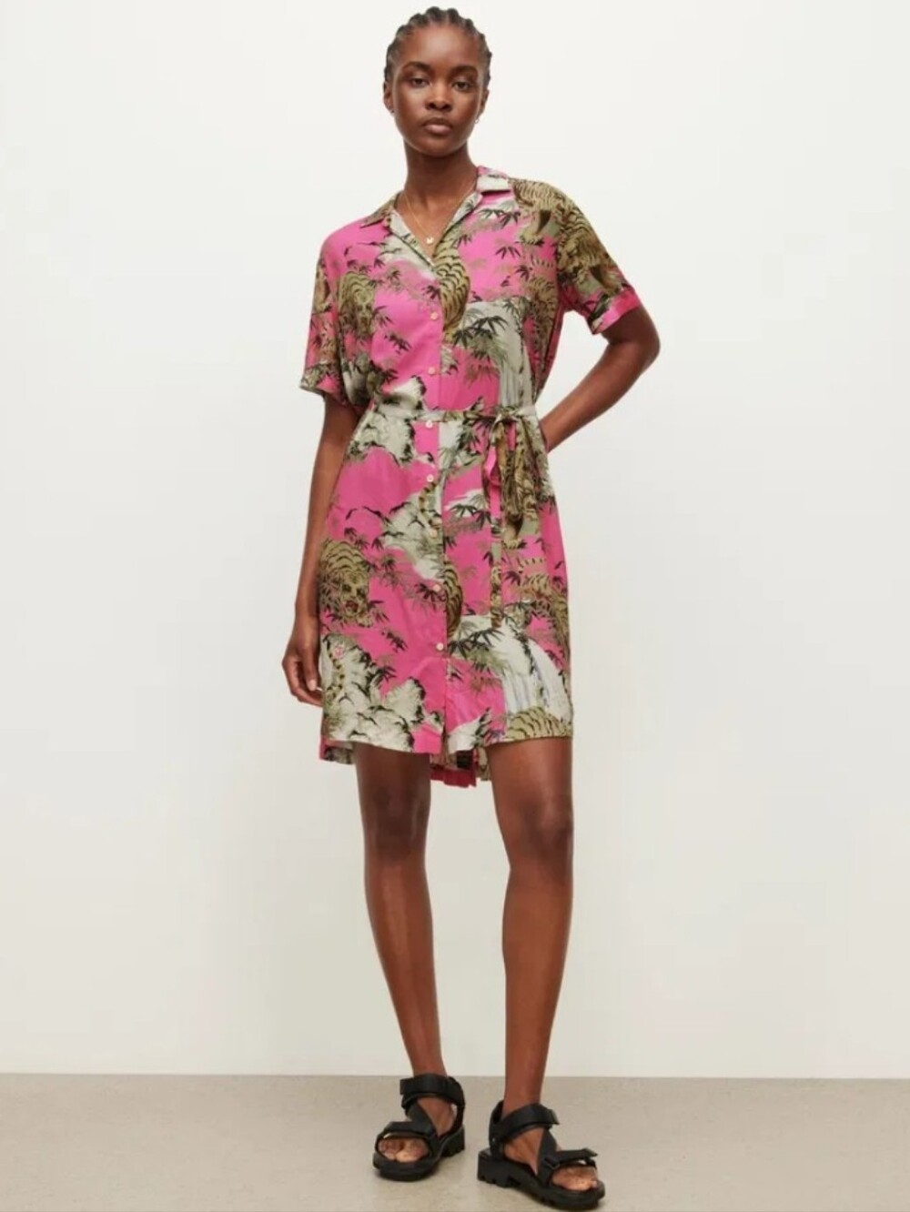 ALLSAINTS Athea Tai Nui Tiger Short Sleeve Belted Shirt Dress Pink Tan Size 6